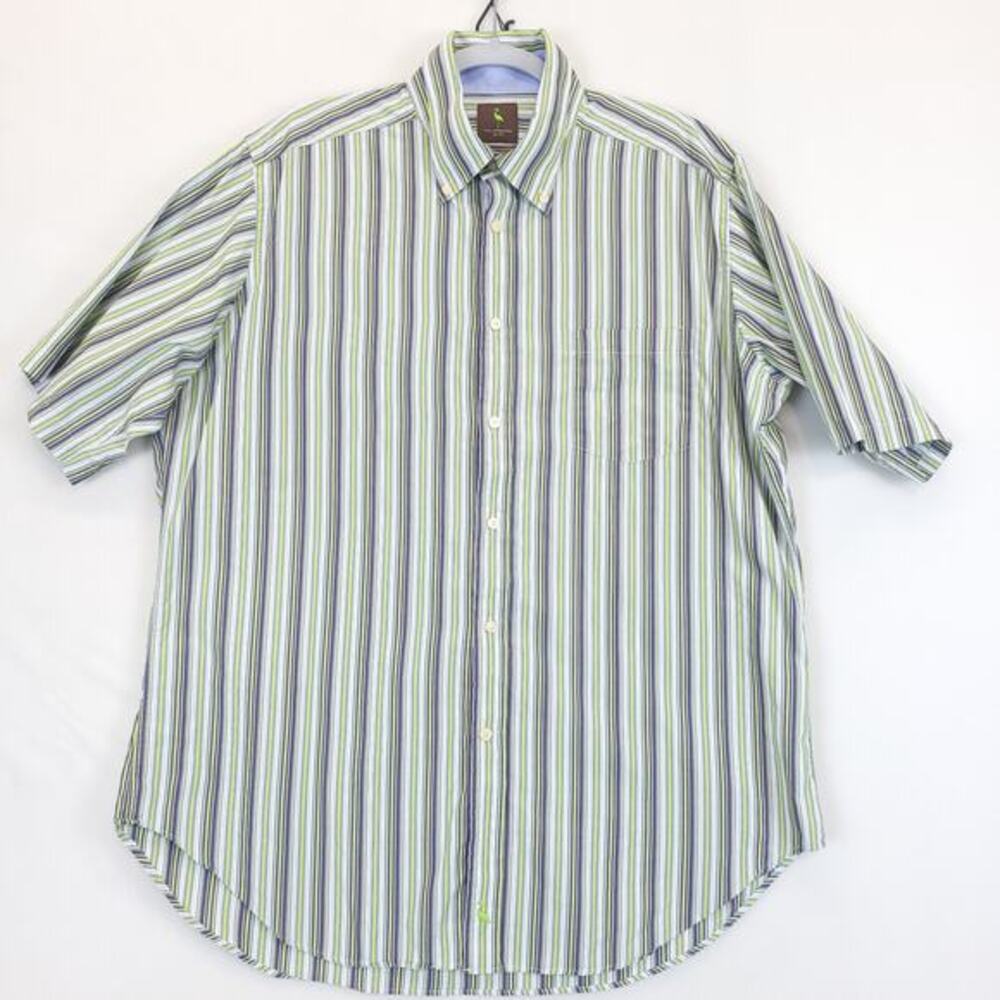 Tailorbyrd Button Up Shirt Cotton 2Ply Yarn Men XL‎ Green Stripes Short Sleeve